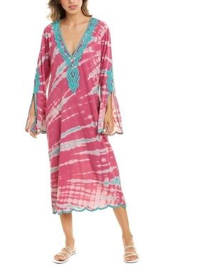 Monique Leshman Pink‎ & Teal Tie-Dye Beaded Maxi Dress XS Bohemian Beach Hippie